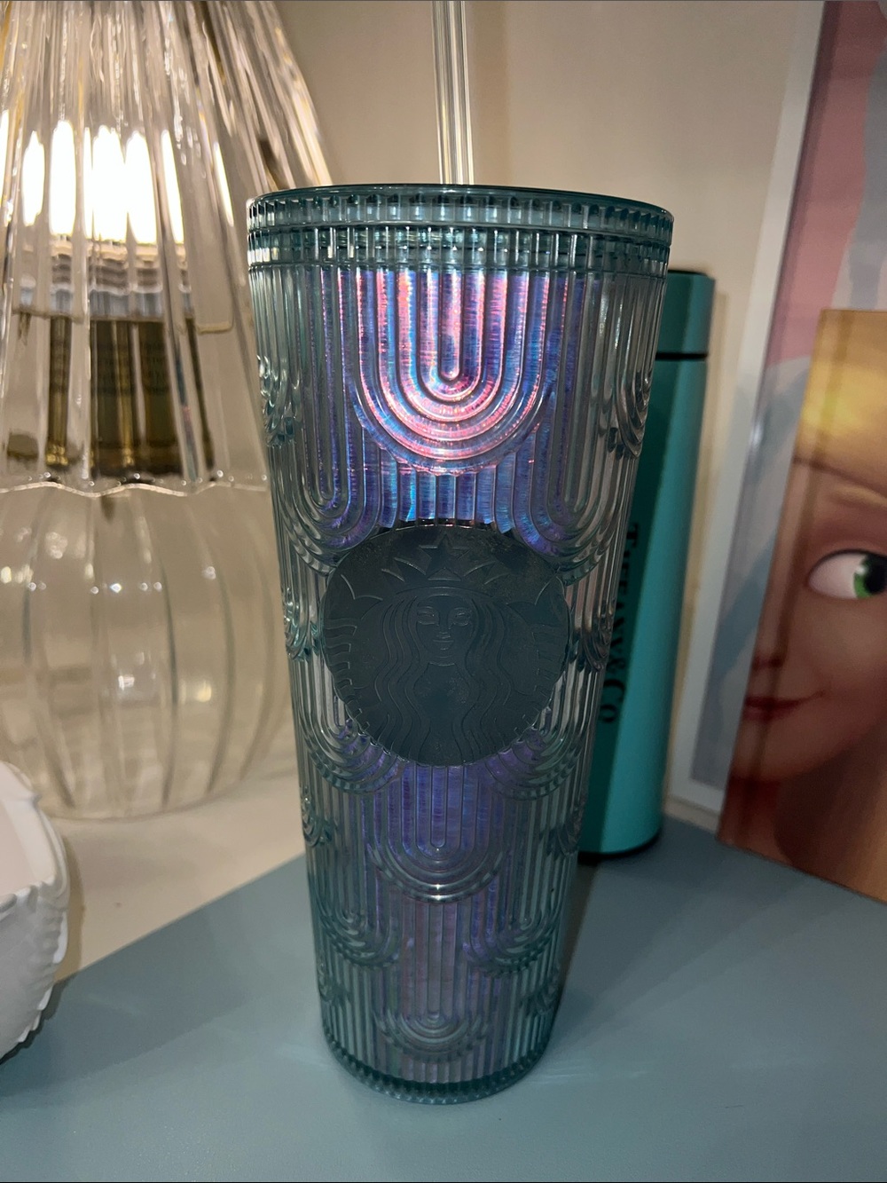 Starbucks Teal Iridescent Ribbed Cold Cup with Purple Highlights